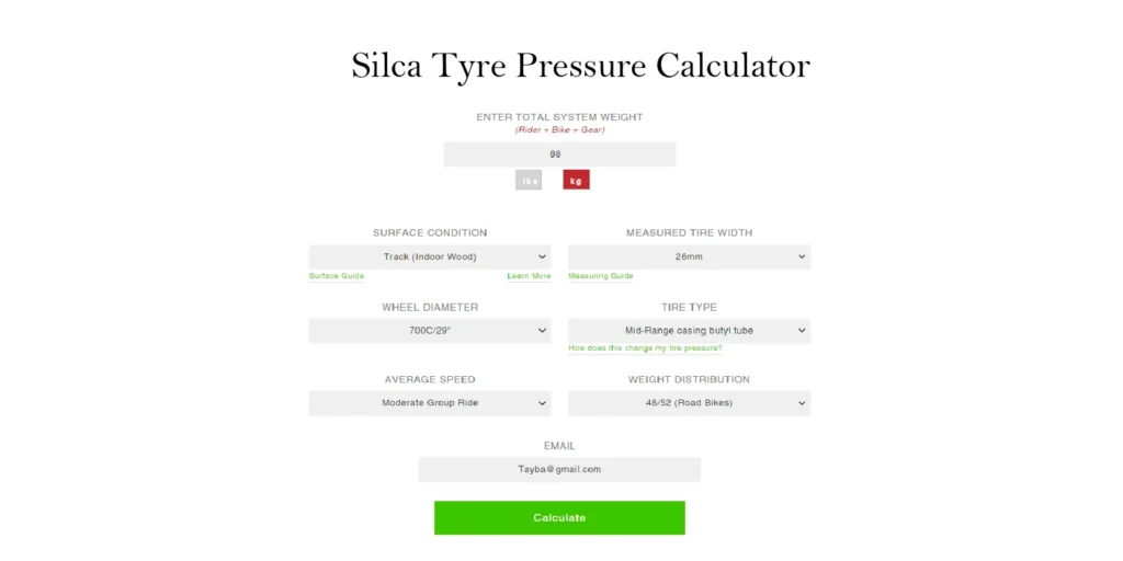 Silca Tyre Pressure Calculator data