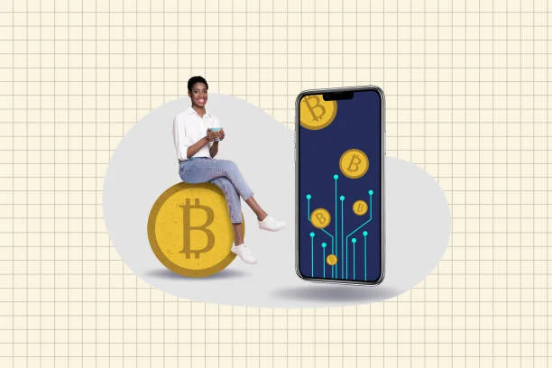 Composite photo collage of young american woman sit coin gold bitcoin pause cup phone screen
