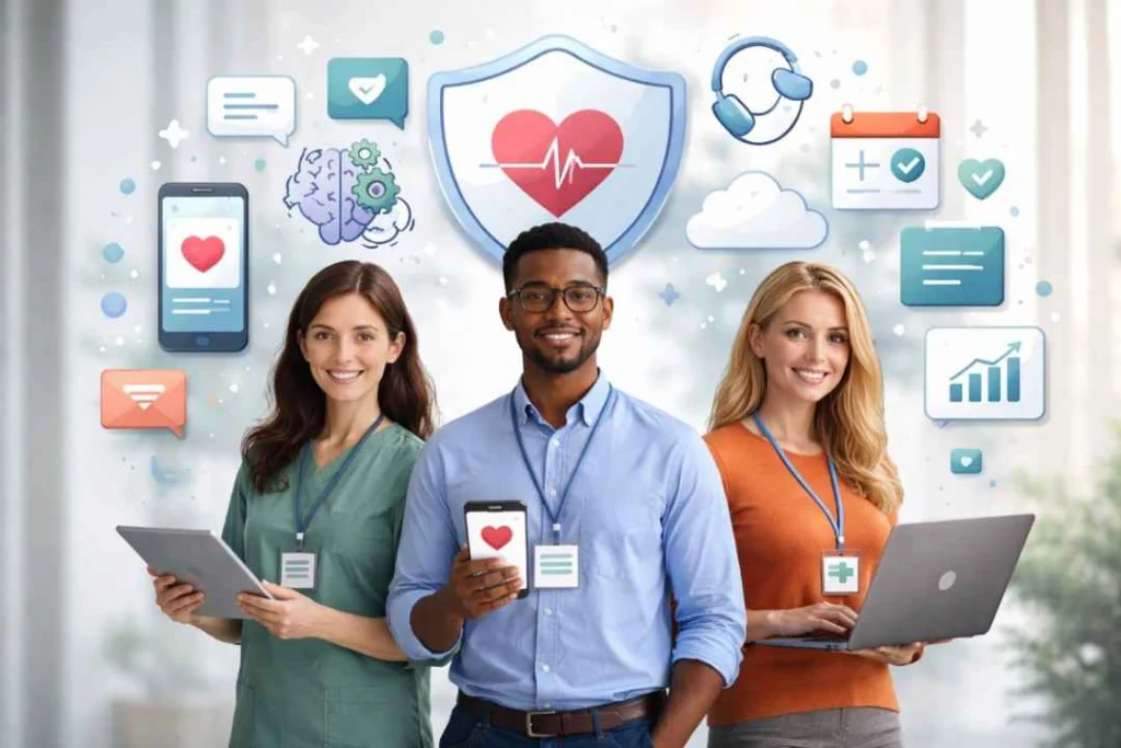 Mental health professionals and digital health icons