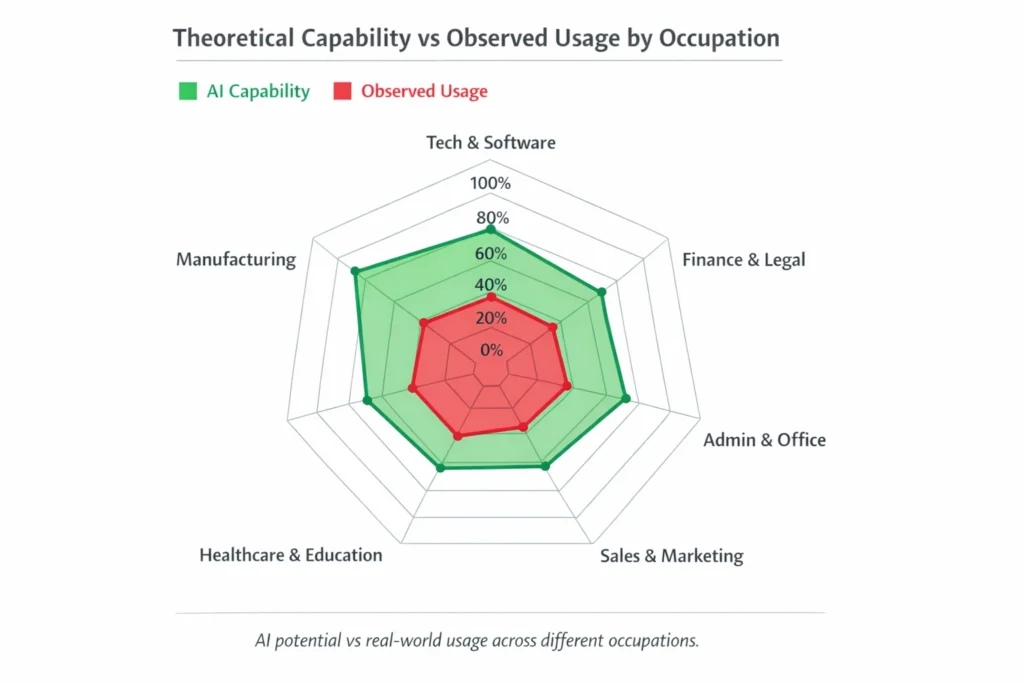 Jobs at Risk from AI in 2026: Real Data Behind Slowing Hiring and Changing Work 3 AI job exposure chart showing capability vs real usage across occupations