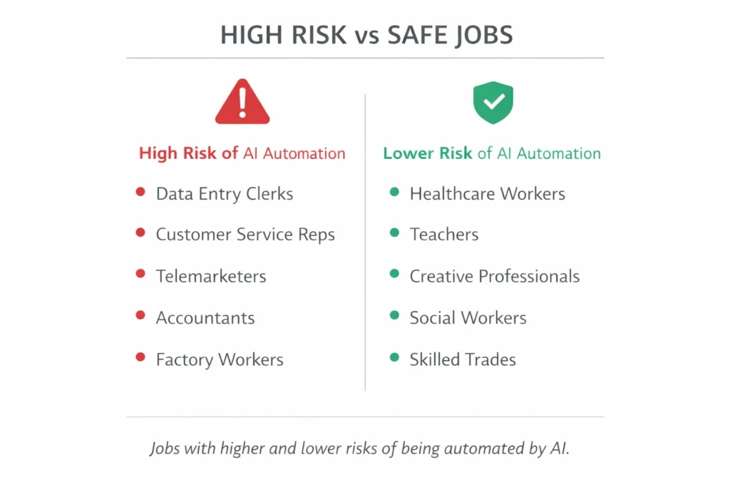 Jobs at Risk from AI in 2026: Real Data Behind Slowing Hiring and Changing Work 5 list of jobs at risk from AI and jobs safe from AI in 2026