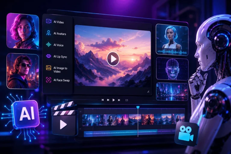 AI video creation dashboard in neon