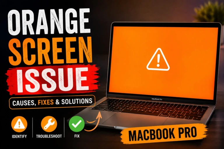laptop with orange screen and text on dispaly