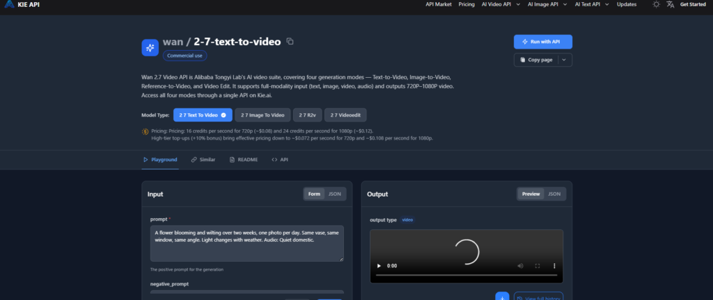 Kie.ai Review 2026: Features, Use Cases, Pros, Cons, and Developer Experience 2 wan 2-7 text to video explaination on sceeen